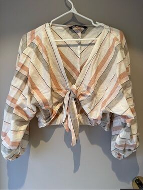 Zara Linen Blend Front Tie Shirt